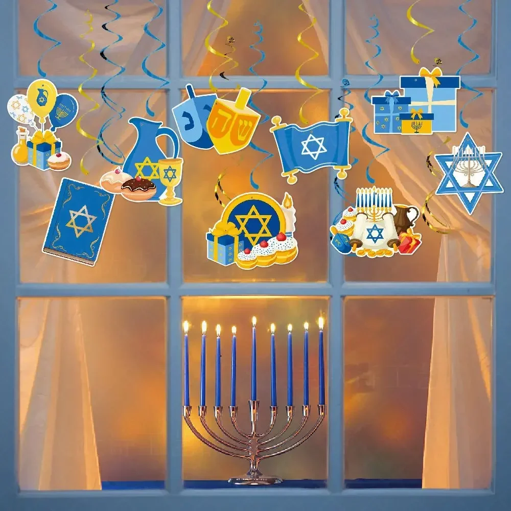 2024 Hanukkah Party Decoration Banner Blue Gold Chanukah Spiral Pendants Home Ornaments Happy Hanukkah Party Supplies