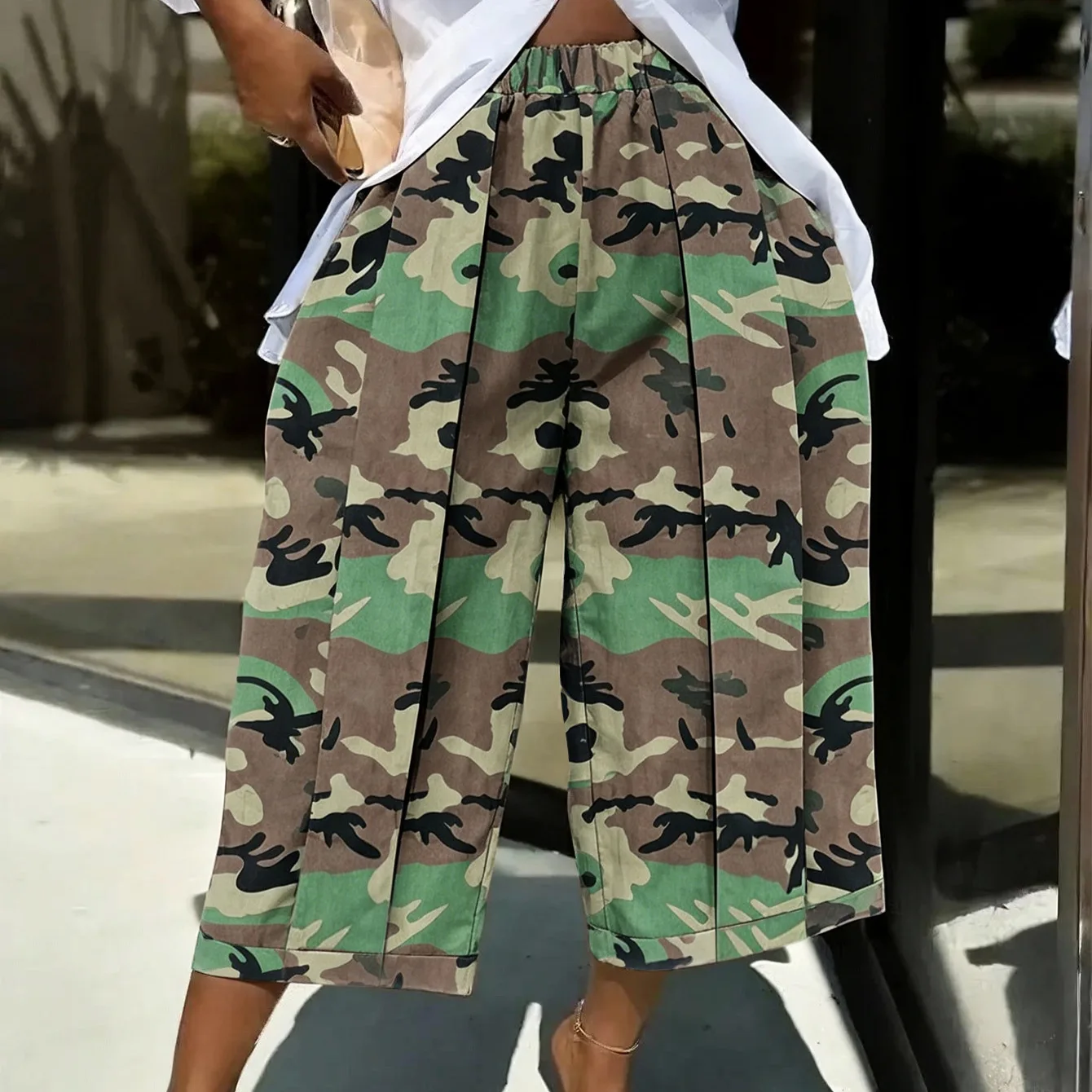 Fashion Wide-leg Cropped Pants for Women Elastic Waist Pleated Casual Camouflage Overalls Cargo Pants