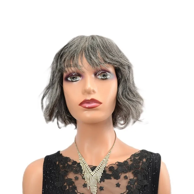 

Полностью машинная работа, короткий кудрявый парик боб-каре, 8 дюймов, 150% плотность, 100% натуральные человеческие волосы, серый, без клея, с челкой, для женщин старшего возраста