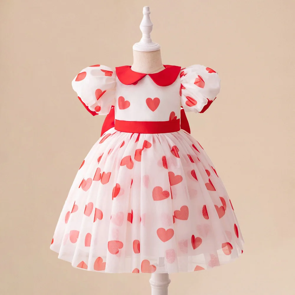 

4-8Y Toddler Baby Girls Valentine’s Day Dress Short Puff Sleeve Peter Pan Collar Heart Print Red Heart Tulle Mesh Tutu Dress