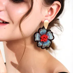 Embroidered Fabric Drop Earrings Flower Beaded Dangle Women's Earrings Handmade