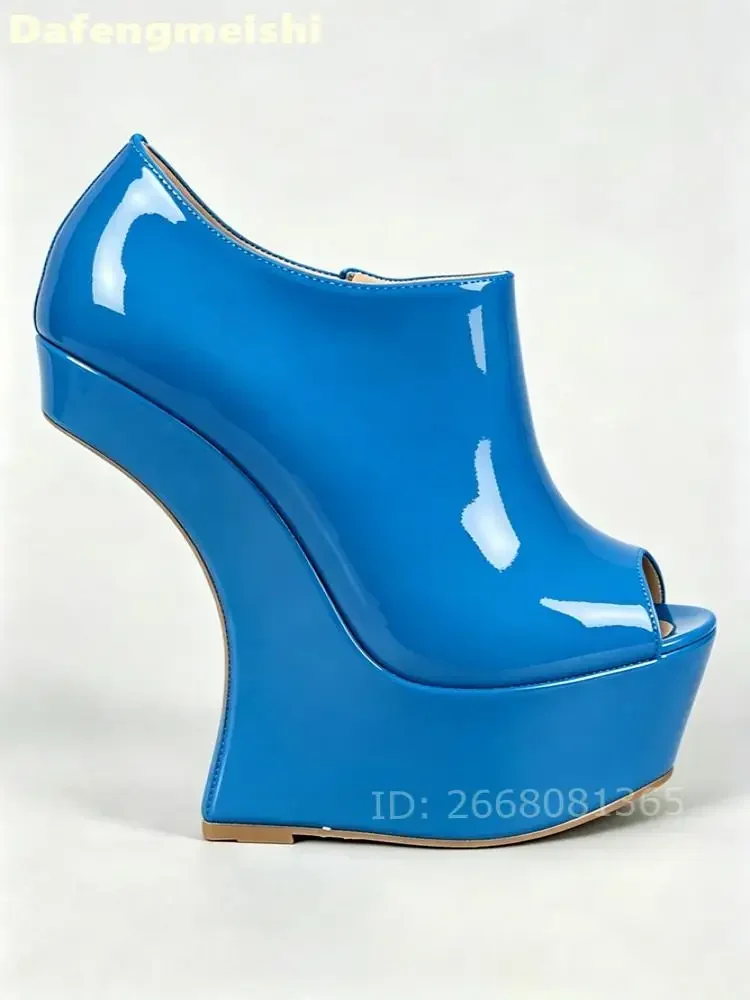 Women Glossy Patent Peep Toe Pumps Cutout Wedge Ankle Booties Side Zipper Platform Strange Style Heel Nightclub Fashion Sandals