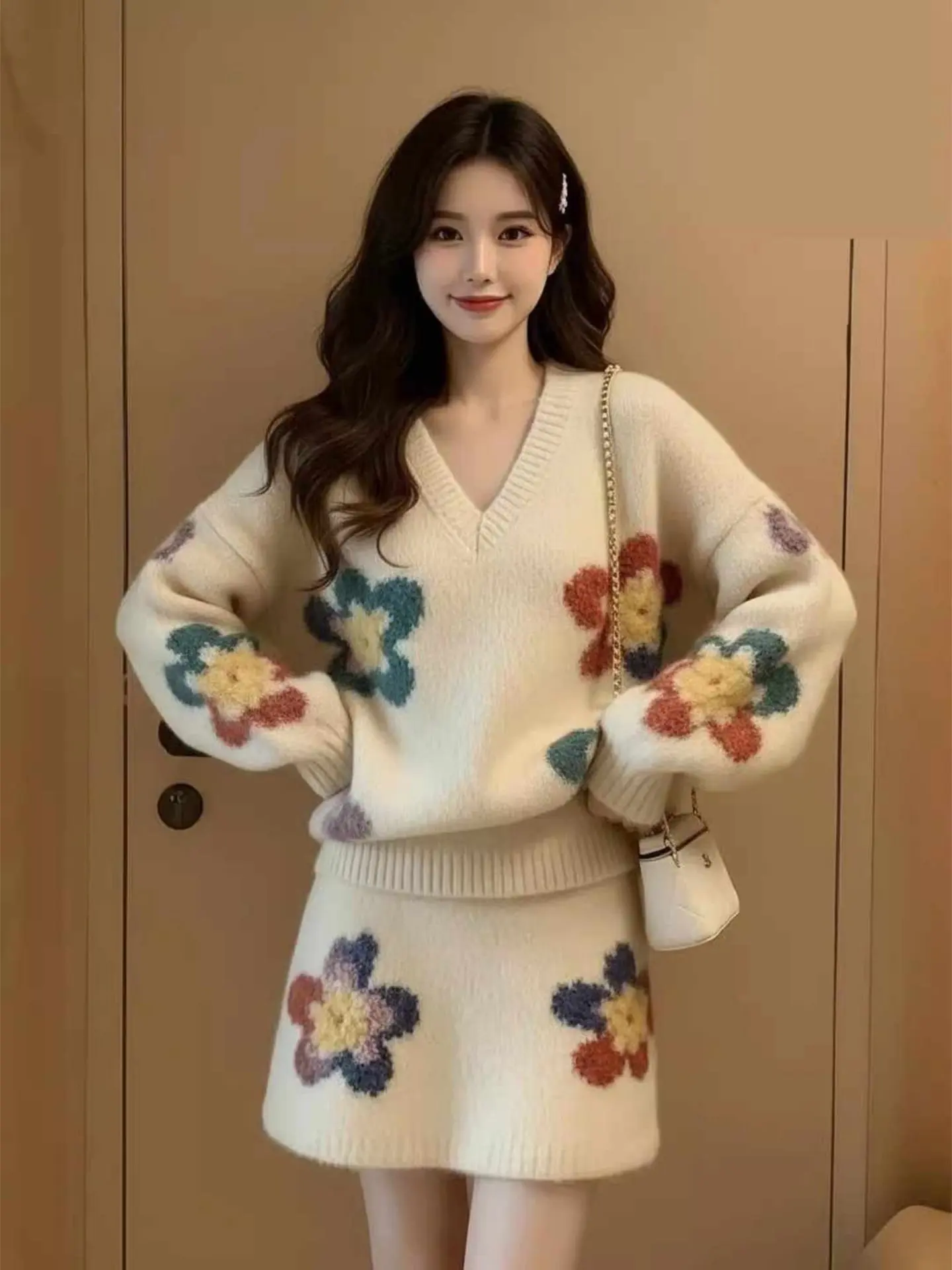 

Ladies Floral Print Two-Piece Set round Ne Casual Sle Spring Collection High Waist Skirt Comfortable Fit Long Sve Top