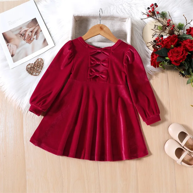 Baby Girl Velvet Dress Party Dress Long Sleeve Dress BackCut Out Dress Toddler Pageant Dress Christmas Outfit