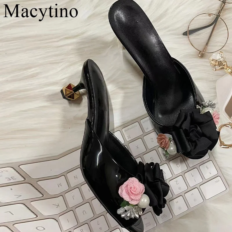 2024 Summer Rose Flowers High Heel Patent Leather Sandals Plus Peep Spout Women  Slippers Big Size