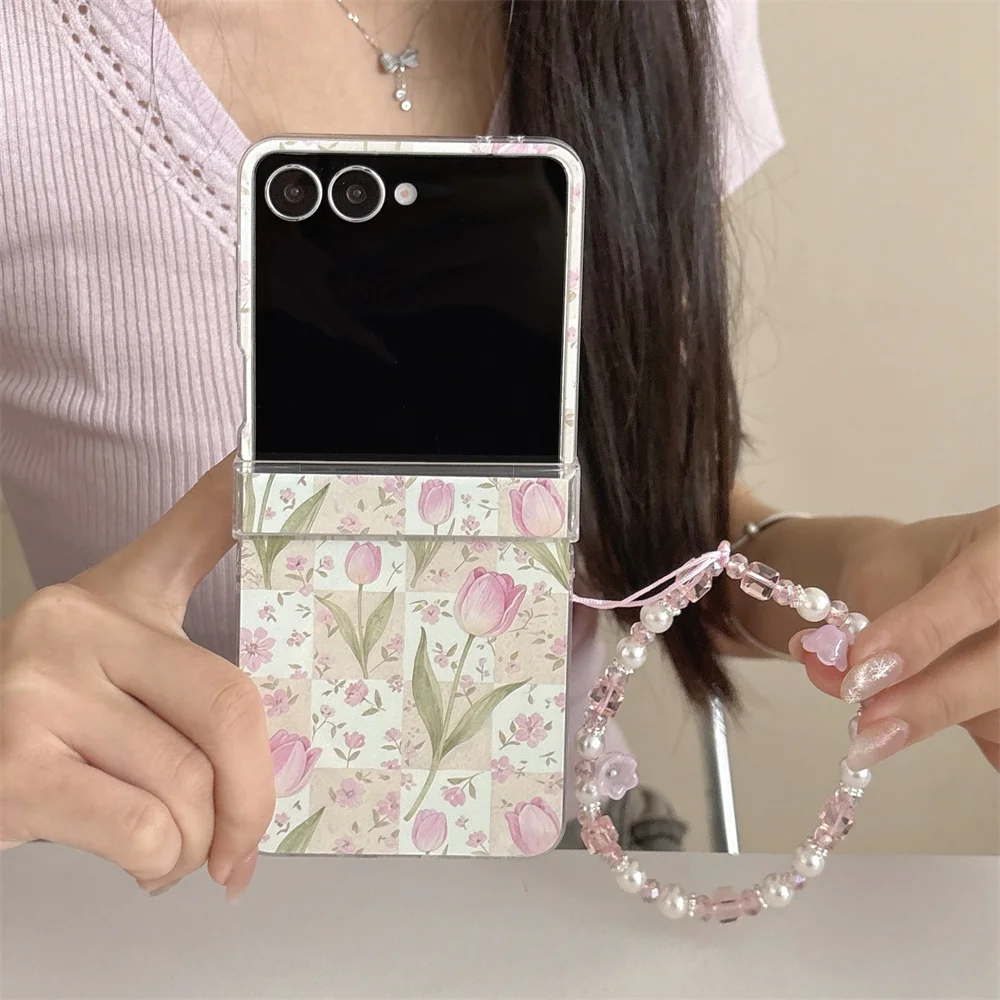 Sweet Pastoral Grid Tulip Floral Printed Magnetic Phone Case for Samsung Galaxy Z Flip 7 6 5 Crystal Bead Strap Protective Cover