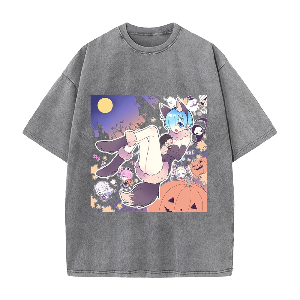 Anime Re ZERO Rem Kawaii Halloween Graphic T Shirt Men Women Short Sleeve Clothing Cotton Tshirt Washed T-shirt Harajuku Tops
