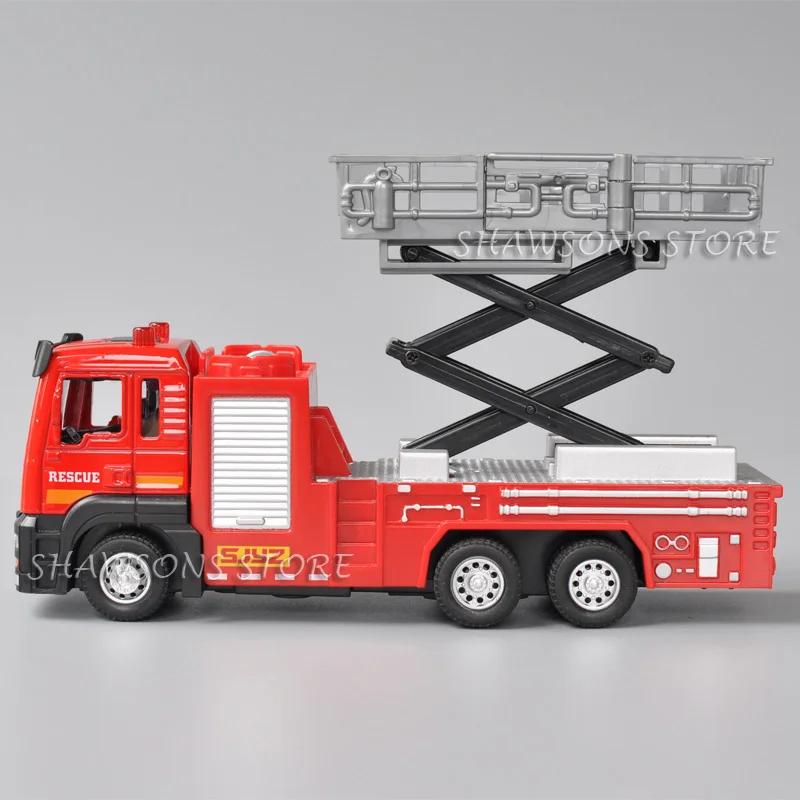 1:50 réplica miniatura do elevador do caminhão do motor de bombeiros do brinquedo modelo fundido da plataforma do salvamento puxar para trás com luz sadia