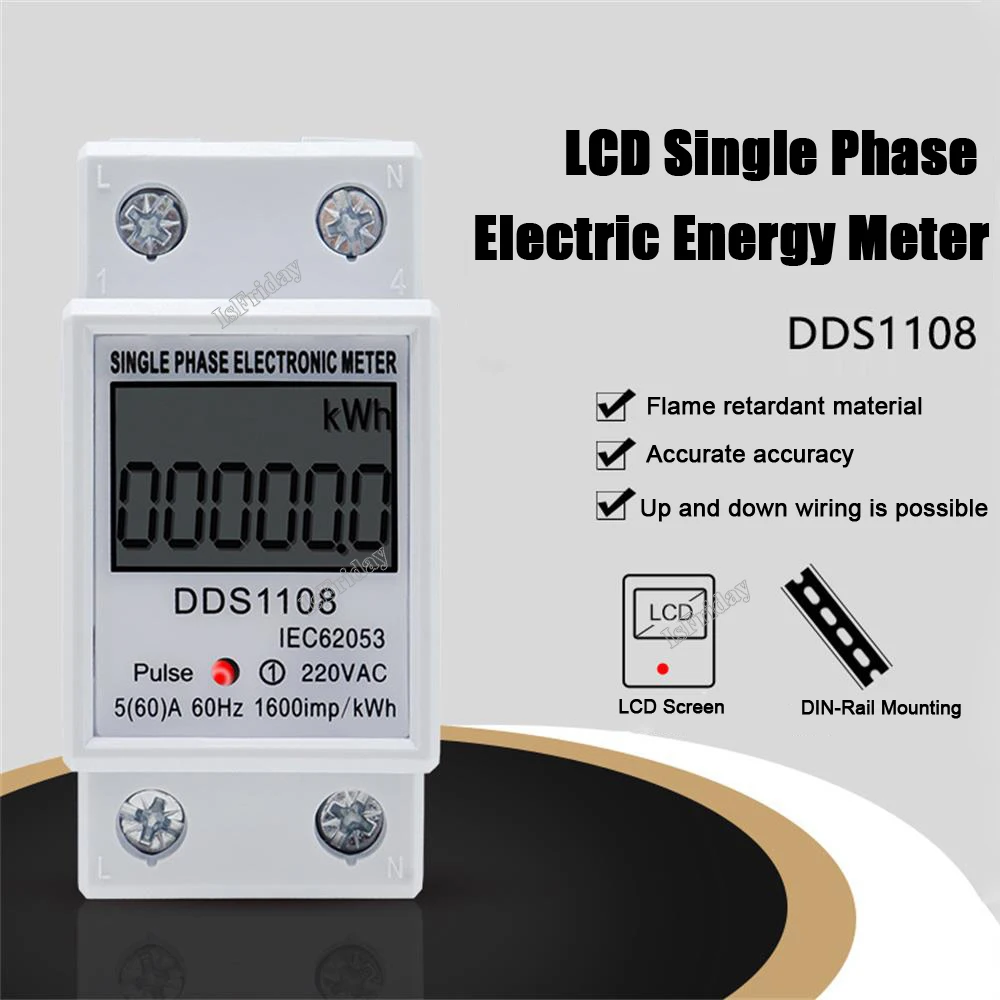 LCD Single Phase Electric Energy Meter KWH AC Digital Watt-Hour Meter 220V 60A 50Hz Electric Din Rail