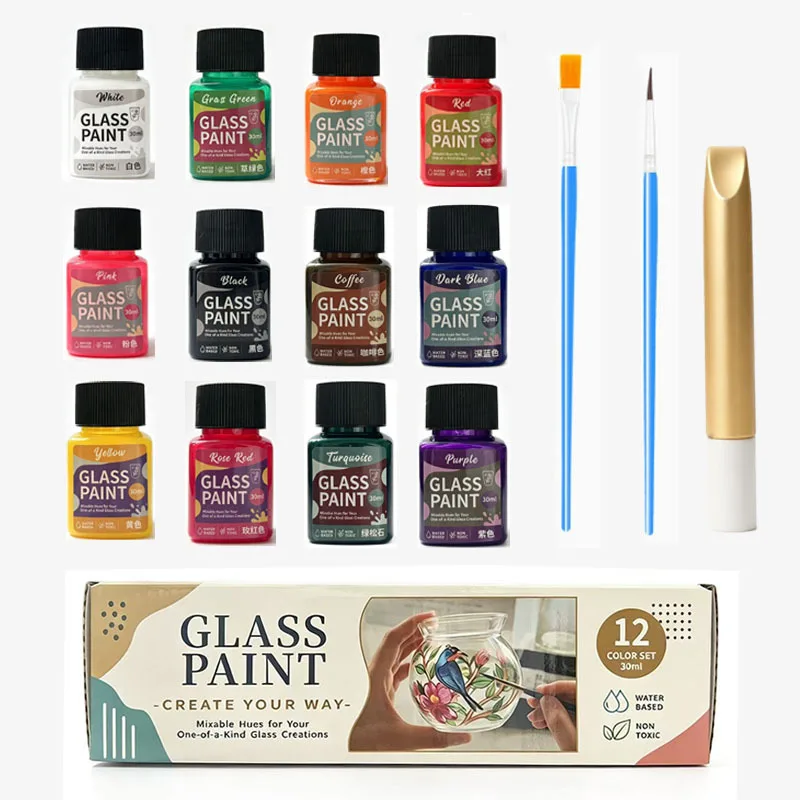 Glass Paint Craft Paint Set 12‑Color 30ml No‑Bake Waterproof Transparent DIY Pigment for Graffiti Decor Art Painting