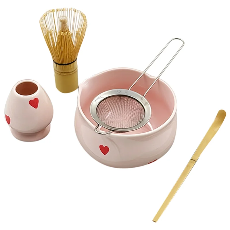 

ABUH- 5Pcs Pink Heart Decal Matcha Set,Cute Includes Bowl, Whisk,Holder Bamboo Scoop,Sifter
