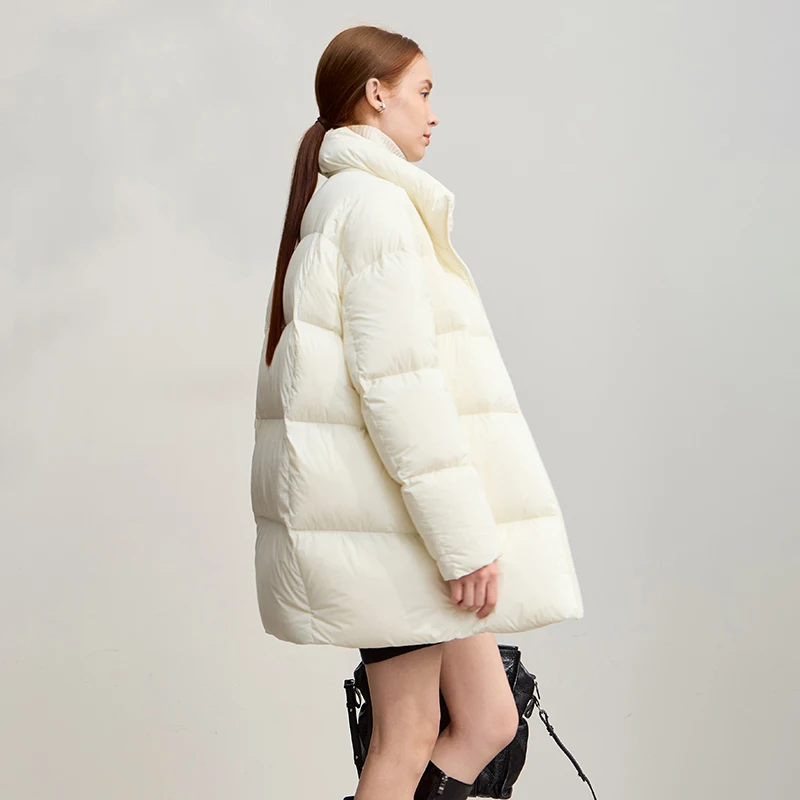 Amii donsjas vrouw 2025, winter nieuwe losse afneembare capuchon, rits, warme lange mouwen, effen kleur eendendons donsjack 12524011