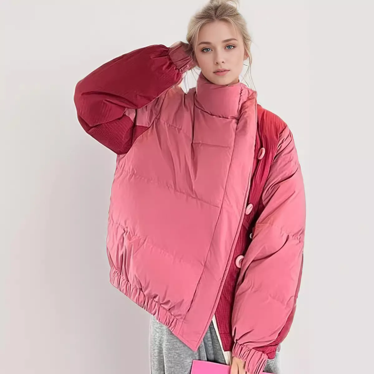 

Осень-зима 202, женская куртка, женская контрастная куртка с высоким воротником, теплая свободная универсальная куртка с хлопковой подкладкой, женская одежда