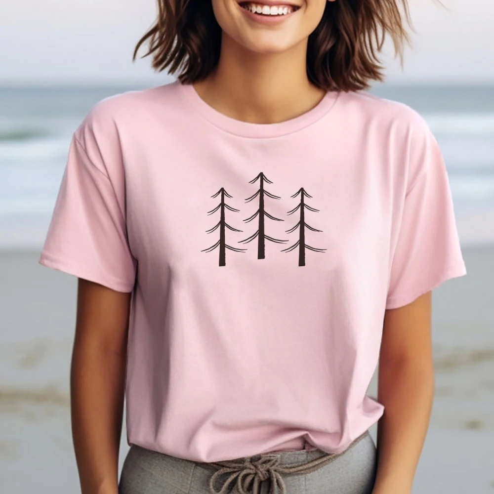 Y2K Cotton Casual Women‘s T-Shirt Short Sleeve Round Neck Fitted Top with Cute Forest Tree Print Colorful & Trendy Unique Design