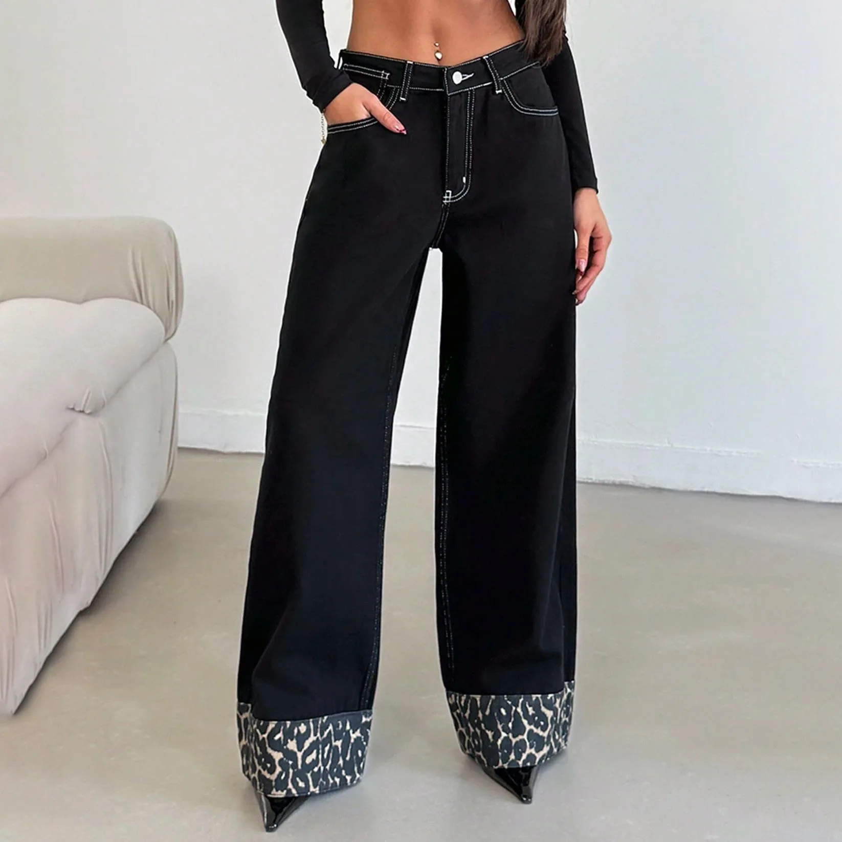 

Леопардовые лоскутные женские широкие джинсы, новинка 2023 года, осенние модные универсальные мешковатые джинсовые брюки с высокой талией