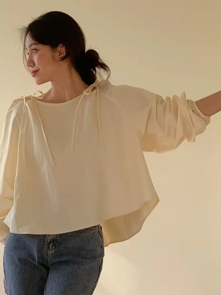 세련된 봄 안티 에이징 나비 매듭 느슨한 어깨 슬리브 태양 보호 루즈 셔츠 탑 신선한 스타일 통근 캐주얼 퓨어 컬러
