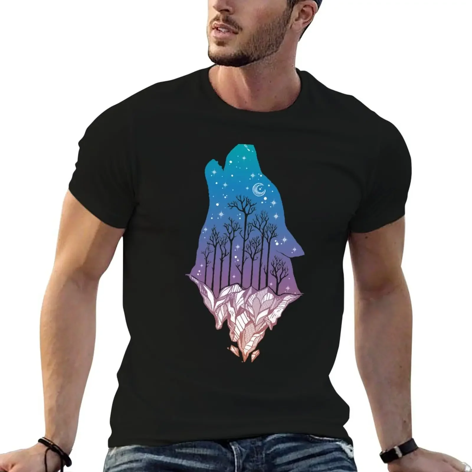 Lone Wolf Howling at the Moon in a Forest on a Mountain Range T-Shirt man clothes shirts graphic blue archive t shirt men