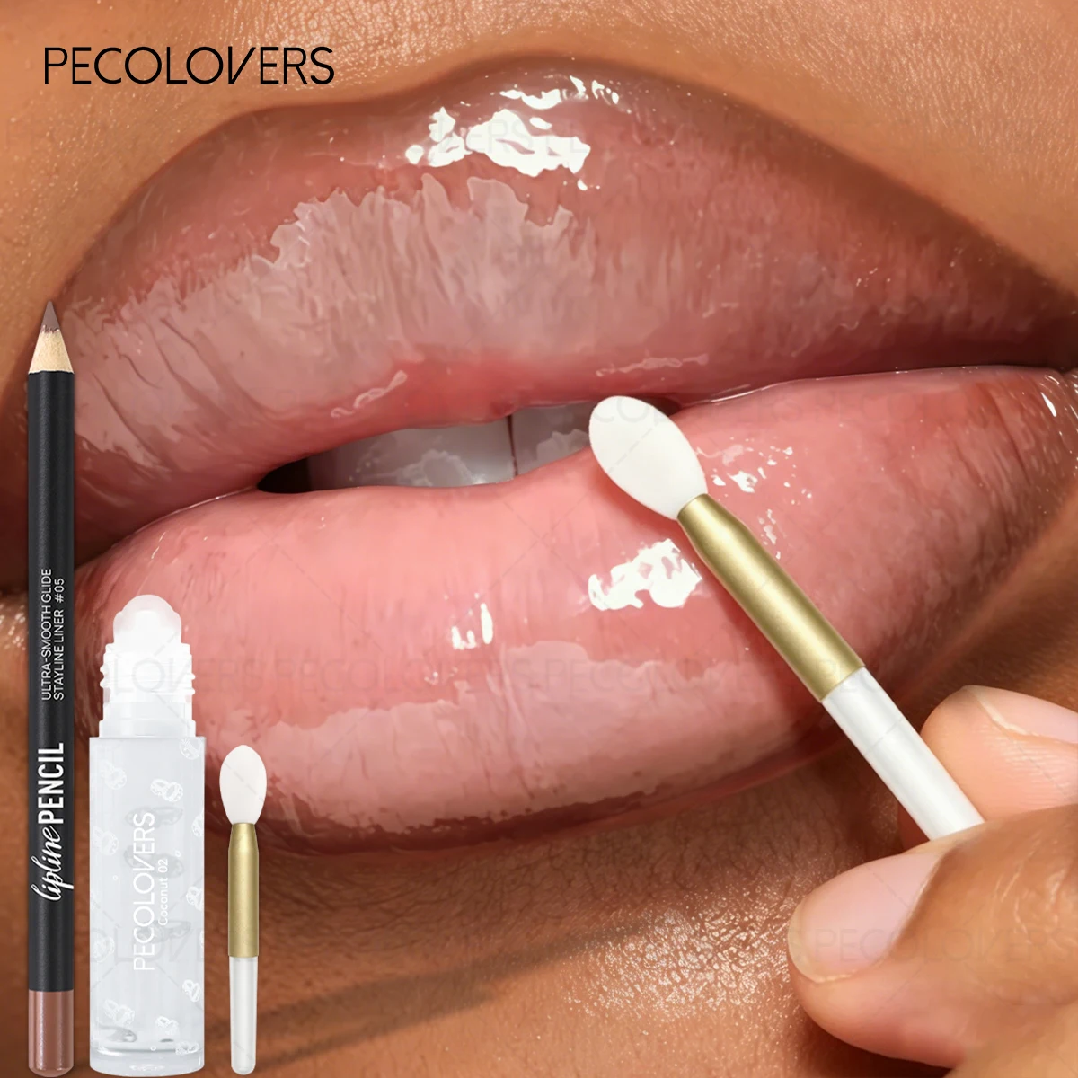 3D Precision Lip Liner & Shiny Gloss Look Lipstick Set (2 Pcs) Bonus Lip Brush, Define Your Lips and Soft Lip Gloss, Lip Care