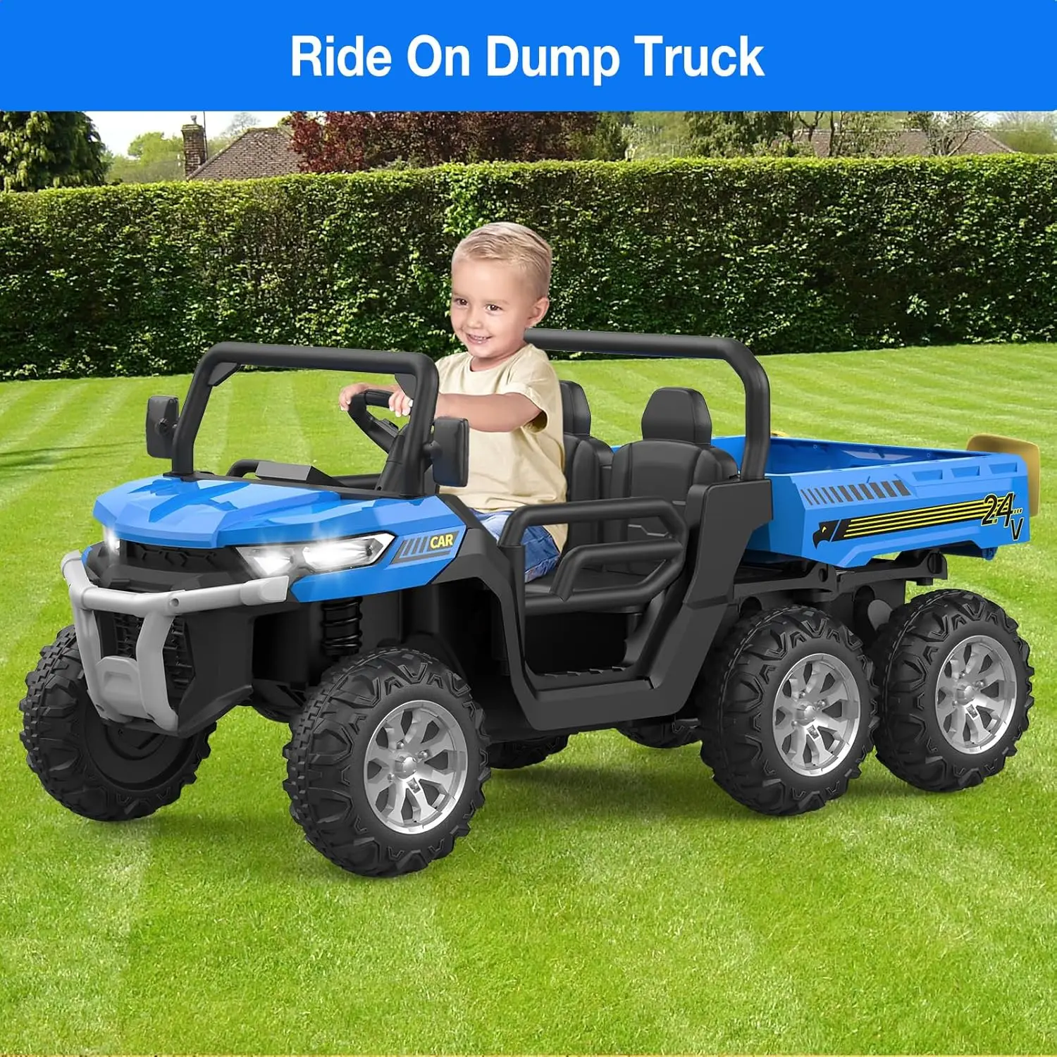 24V 2 Seater 6 Wheel Ride On Dump Truck with Parent Remote Control, 4WD Electric Car for Kids UTV Style Dump Bed & Music Horn