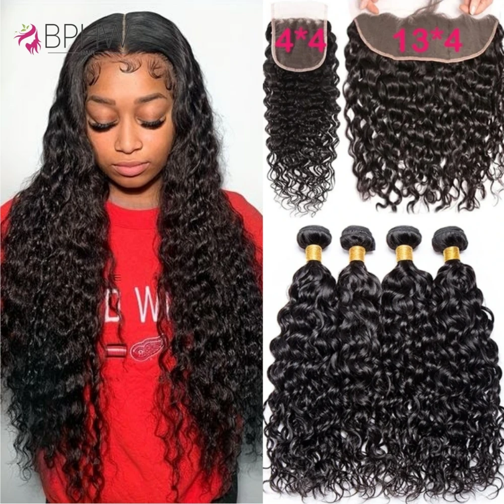 Frontal Hair Weave para mulheres negras, 100% cabelo humano, onda de água, pacotes com fechamento, extensões de cabelo, 13x4, 3 pacotes, 12A