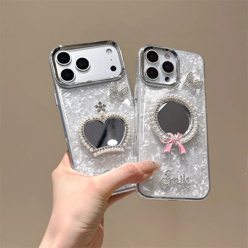 

Luxury Pearl Heart Mirror Phone Case With Bow & Butterfly Print Shockproof Cover For iPhone 17 16 15 14 Pro Max fashion iPhone c