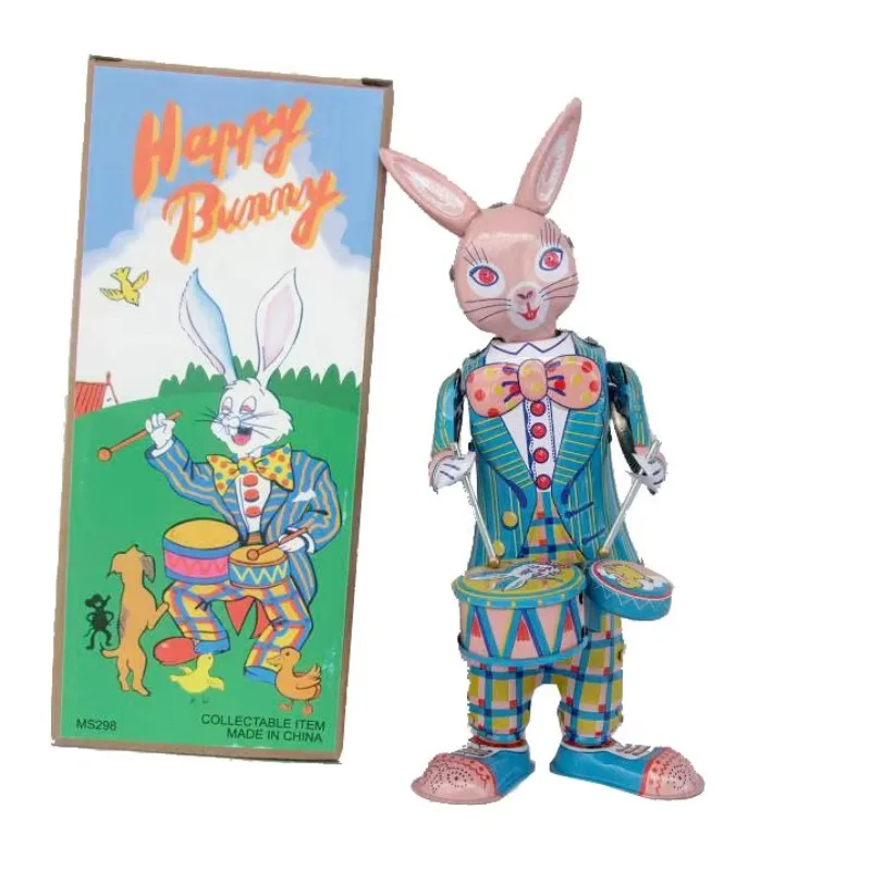 Tin Clockwork Toy Happy Bunny Rabbit Mechanical Toys Classic Collection Retro Wind Up Toy Metal Walking Play Drum Rabbit Robot