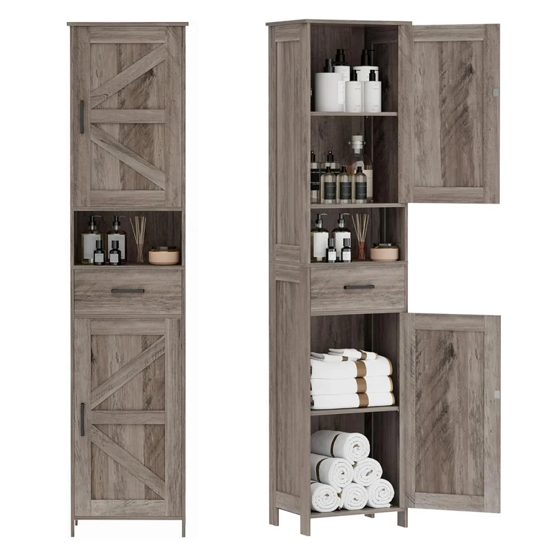 custom.Tall Black Bathroom Storage Cabinet with Barn Freestanding Linen Tower with Drawer & Open Compartment Spa