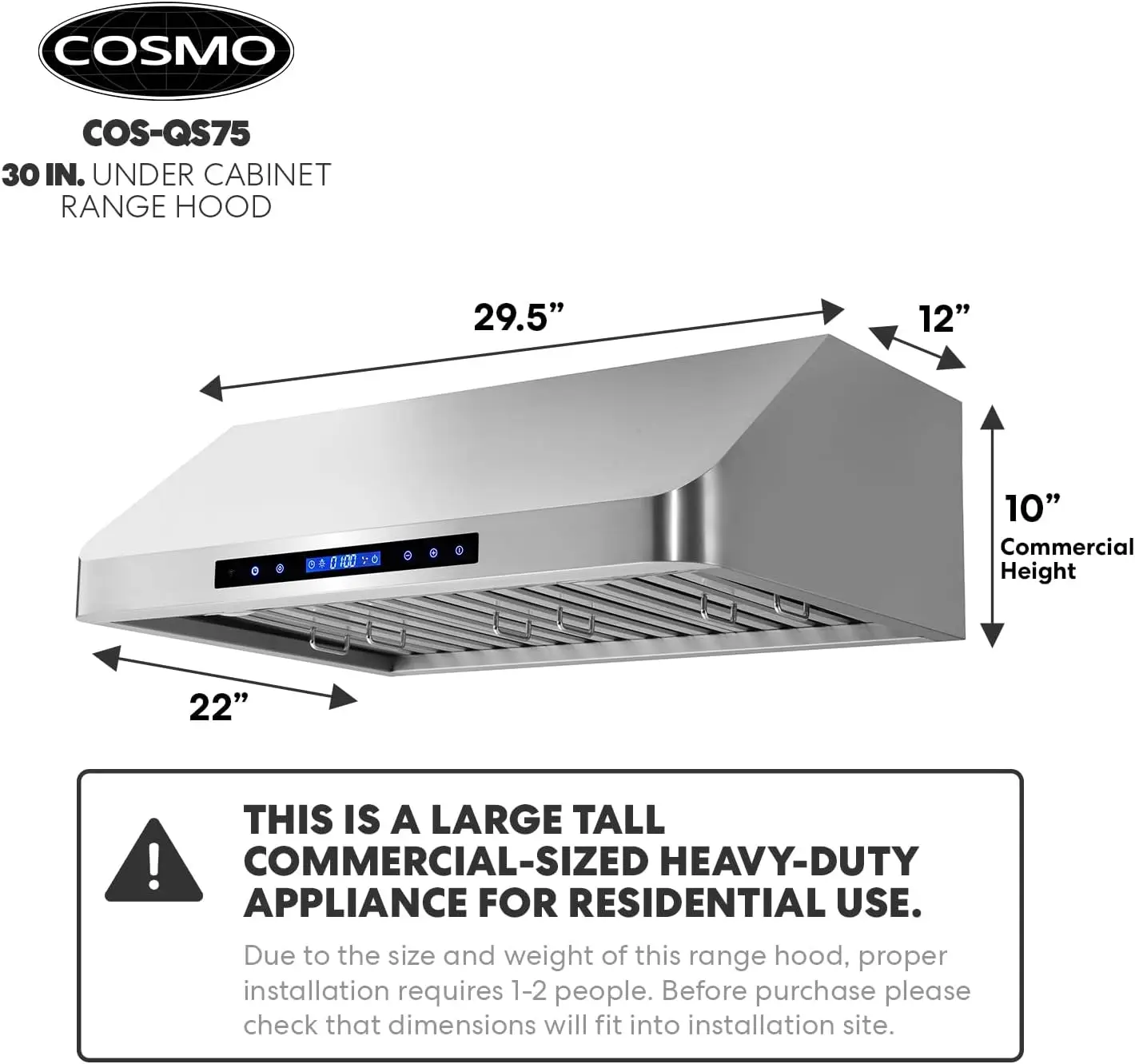 COS-QS75 30 Zoll. Dunstabzugshaube unter dem Schrank mit 500 CFM, Permanentfiltern, LED-Leuchten, umwandelbar von Kanal bis Kanallos (Kit).