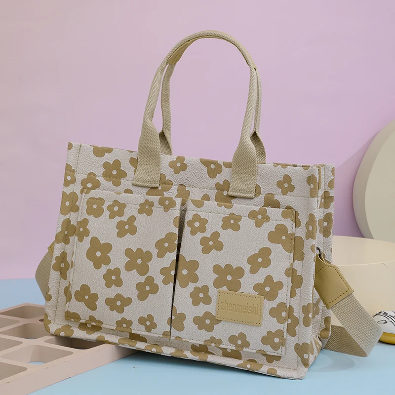 Bolso de hombro de lona con estampado de flores para mujer, bolsa de mano de viaje para la universidad, informal, de gran tamaño