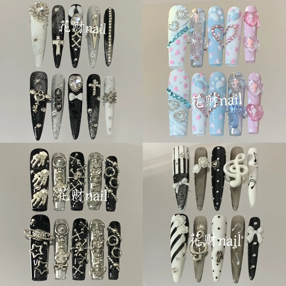 

Y2K Spicy Girl Handmade Long Coffin Stilettos Press On Nail Metal Skull Hand Diamond Bowknot Flower Wing Musical Notes Fake Nail