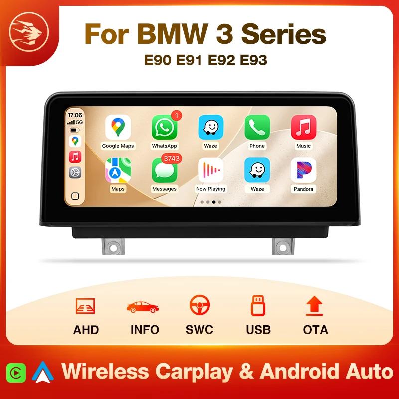AINAVI CarPlay Wireless Android Auto 10.25 Pollici Stereo Auto con Infotainment, Radio Auto, Audio Auto, Display Auto, Bluetooth per BMW Serie 3 E90 E91 E92 E93 2005‑2012 CIC