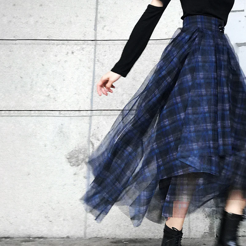 TWOTWINSTYLE Plaid Patchwork Mesh Women's Skirts High Waist Hit Color Elegant A Line Skirts Female 2020 Spring Fashion New
