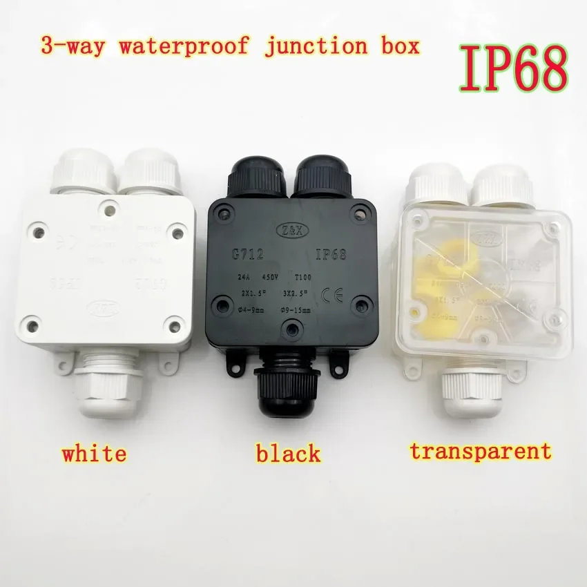 1PCS 3 Way Waterproof Junction Box IP68 4-14mm Electrical Cable Wire Connectors 24A 450V External Electrical Junction Box