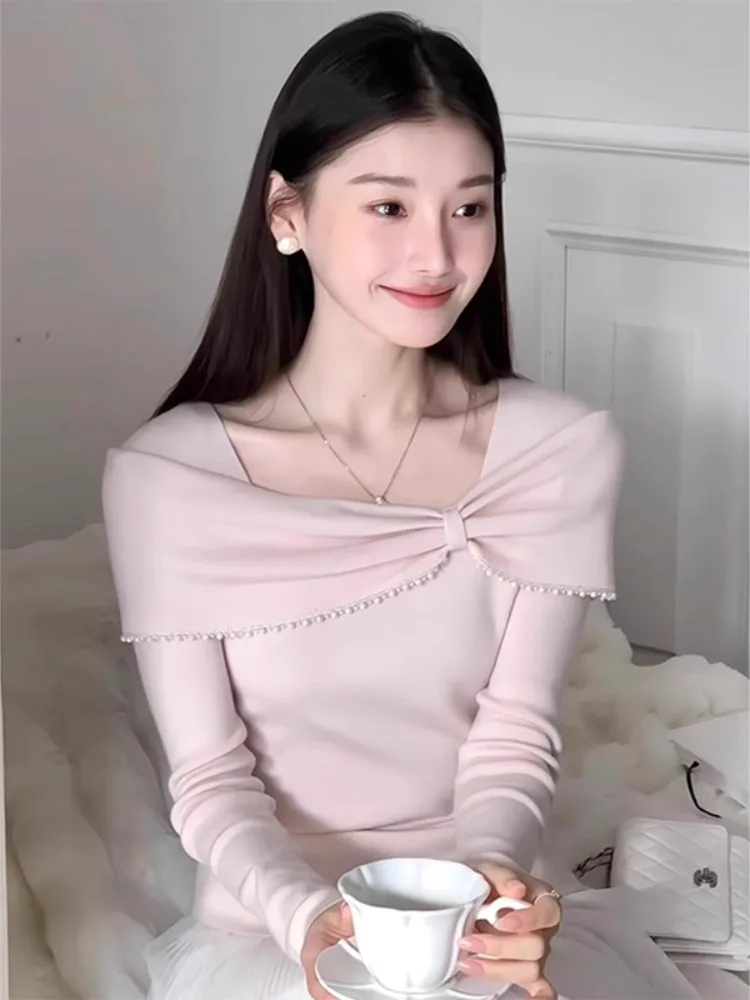 

Уникальный розовый вязаный топ на одно плечо для женщин, весна-осень, с высококачественной отделкой бисером, комфортный, свободного кроя