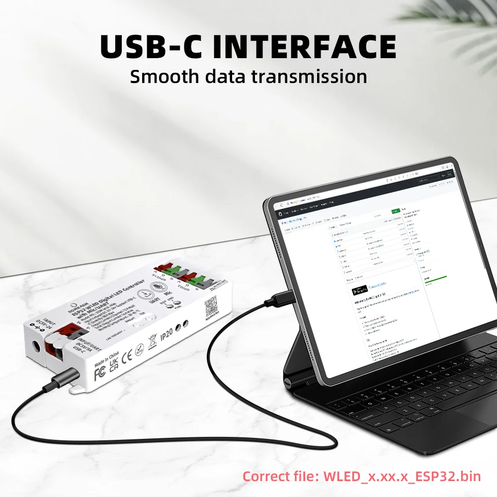 DOMRAEM ESP32 WLED Controller LED indirizzabile USB-C con microfono musicale/UART Supporta strisce IC RGB WS2814/12B ecc. Fusibile 16A HA Alexa
