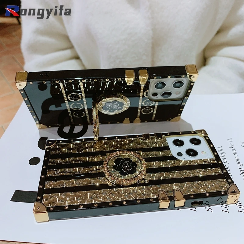 Luxury Square Glitter Retro Camellia Phone Case For Honor 50 30 V30 20 Pro 30S 9X 8X 20i 10i Fashion Diamond Ring Silicone Cover