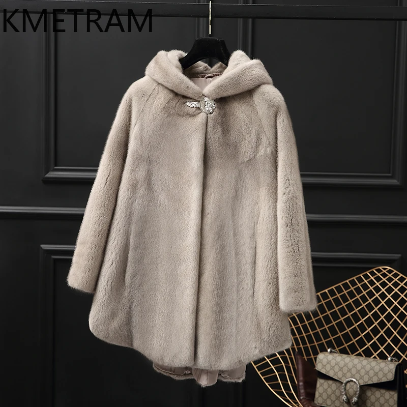 Damski płaszcz z naturalnego futra norek, luksusowa szara kurtka z prawdziwego futra z kapturem, wysokiej jakości zimowa odzież damska, futrzane kurtki 2025