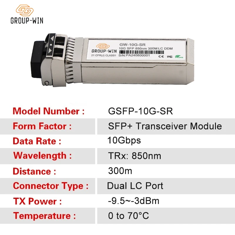 

Оптоволоконный модуль 10G SFP+, 300 м, 850 нм, многомодовый двухволоконный трансивер SFP-10G-SR, совместимый с MikroTik, Ubiquiti, Dell.Switch