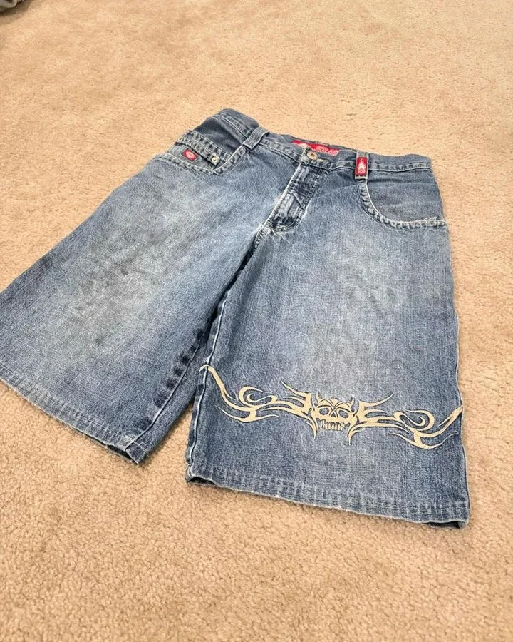 JNCO-Shorts jeans hip hop para homens e mulheres, cintura alta, calças de basquete, largas, retrô, azuis, harajuku, ginásio, novo, Y2K