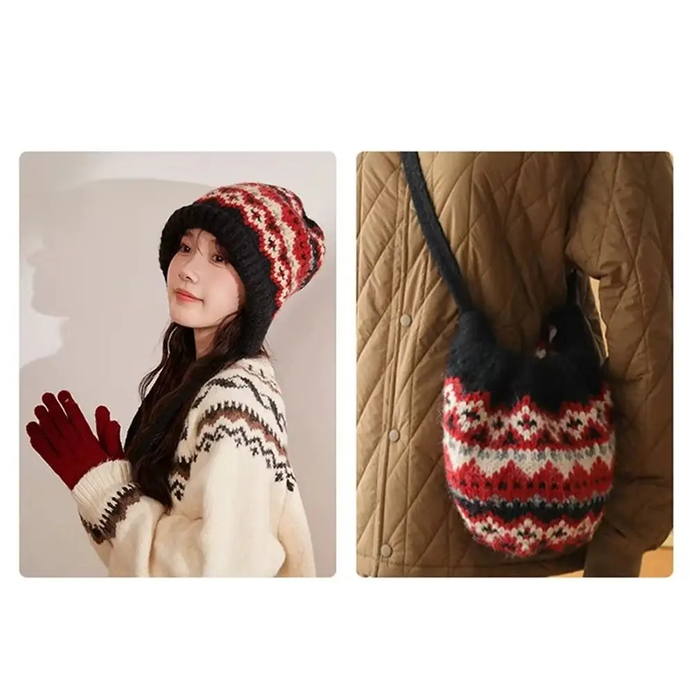 Cute With Strap Jacquard Knitting Hat Ear Protection Warm Earmuffs Pile Cap Lace up Wind-Resistant Pullover Bonnets