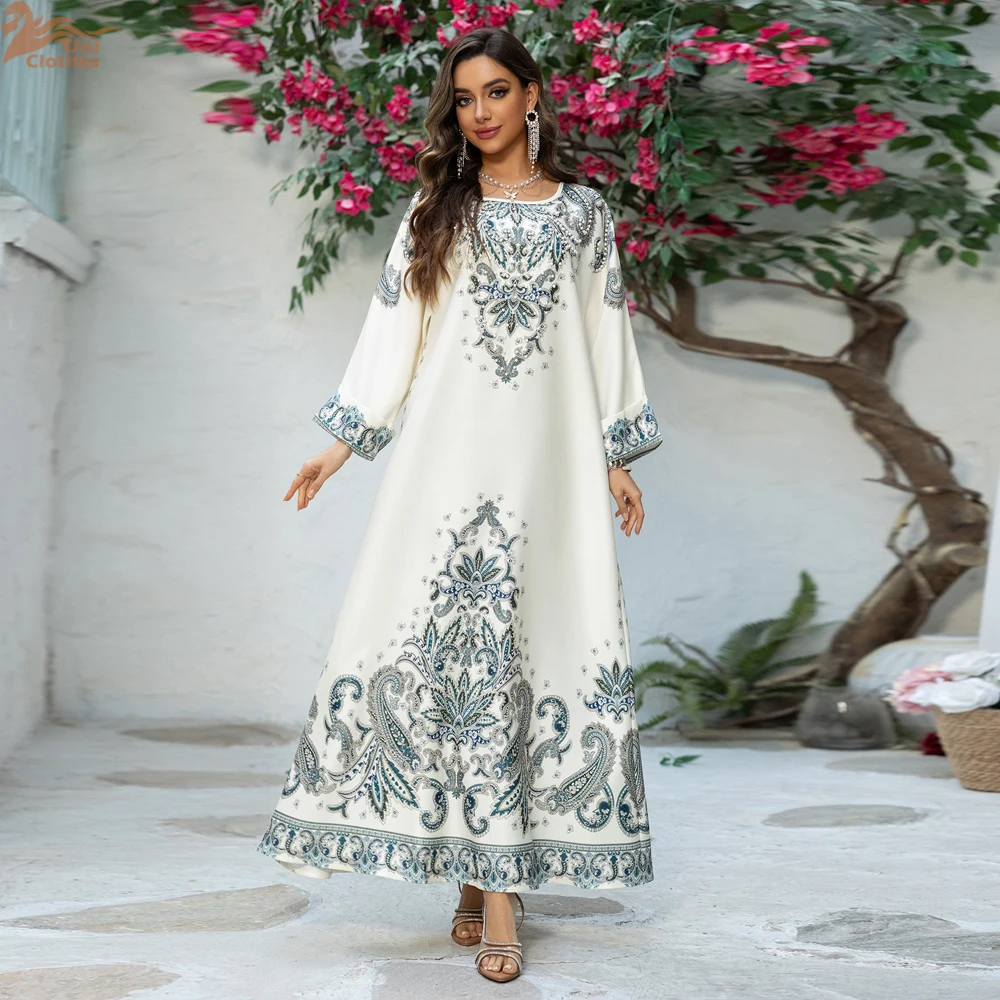 Uni Ramadan Dubai Floral Print Luxury Abaya Women Evening Dress Loose Sleeve Pearl Beading Moroccan Caftan Women