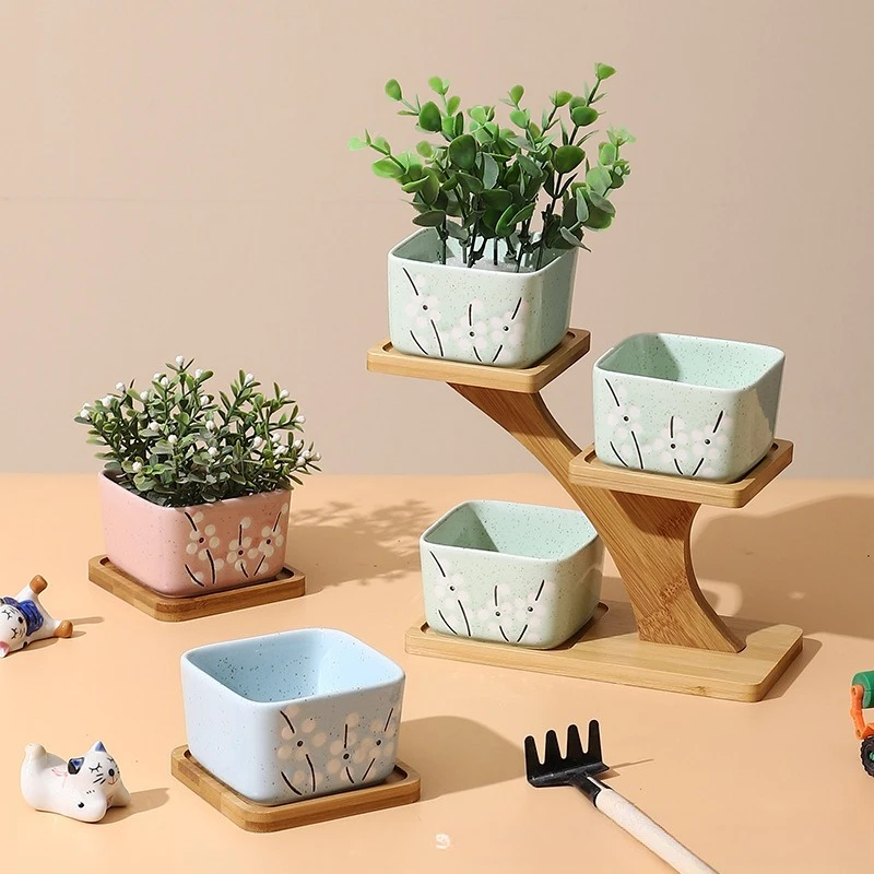 Japanese Style Ceramic Flower Pot with Bamboo Tray, Elegant Planter for Succulent, Bonsai, Cactus Plants Minimalist Garden Decor