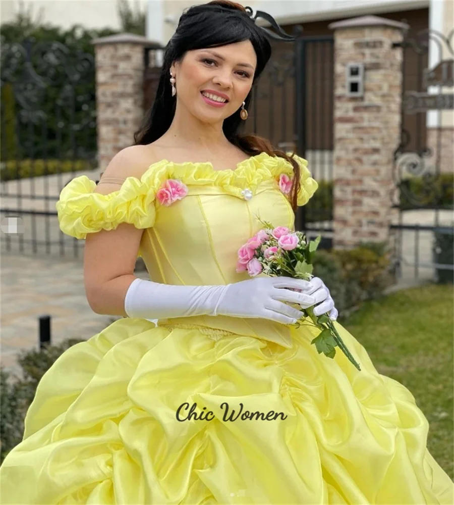 Vestidos de quinceañera amarillos de hadas, vestido de baile con hombros descubiertos, baile victoriano renacentista con flores, dulce 15 mexicano Xv personalizado