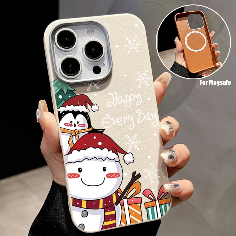 Christmas Elk Snowman Soft Case For iPhone 16 15 Pro Max 16 14 Plus 12 13 Pro 11 For MagSafe Wireless Charging TPU Leather Cover