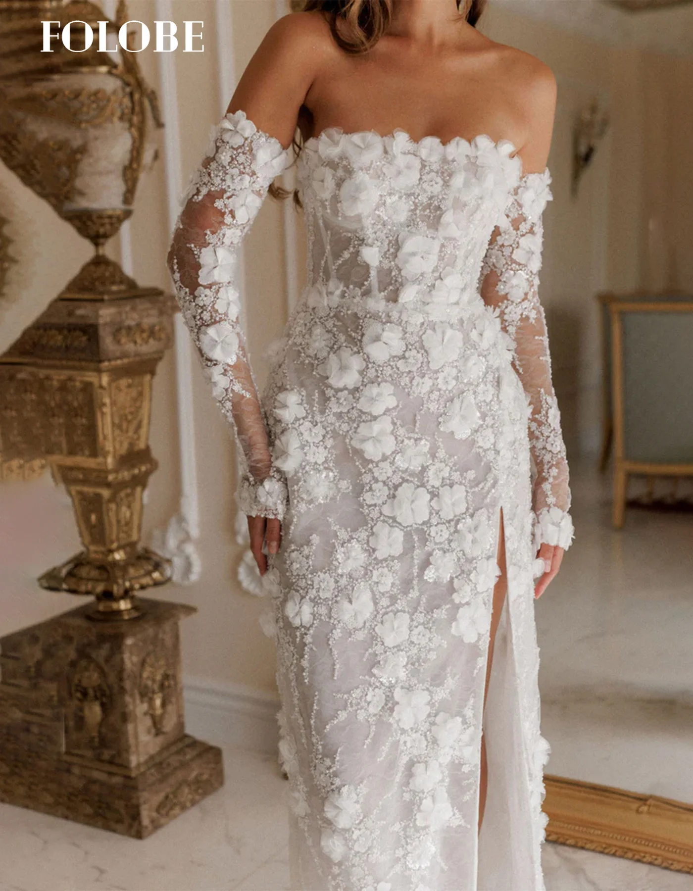 FOLOBE blanc bretelles sirène robe de bal avec des fleurs 3D haute fente robes de soirée formelles vestidos de noiva personnalisé