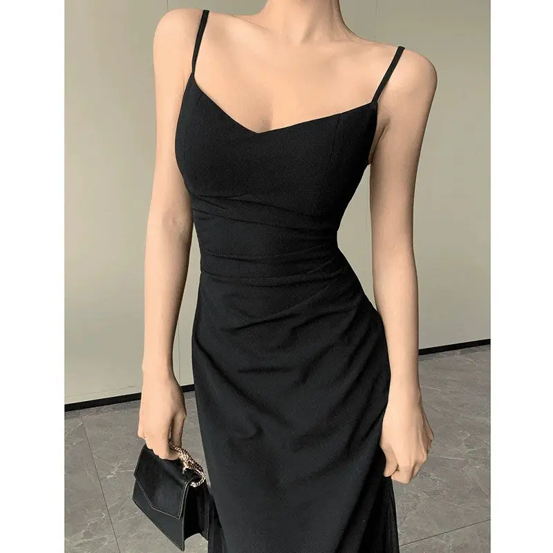 Vestido Casim elegante y Sexy para mujer, vestido negro ajustado con cuello en V y espalda descubierta, Vestidos de noche de fiesta de verano transparentes, vestido sencillo clásico