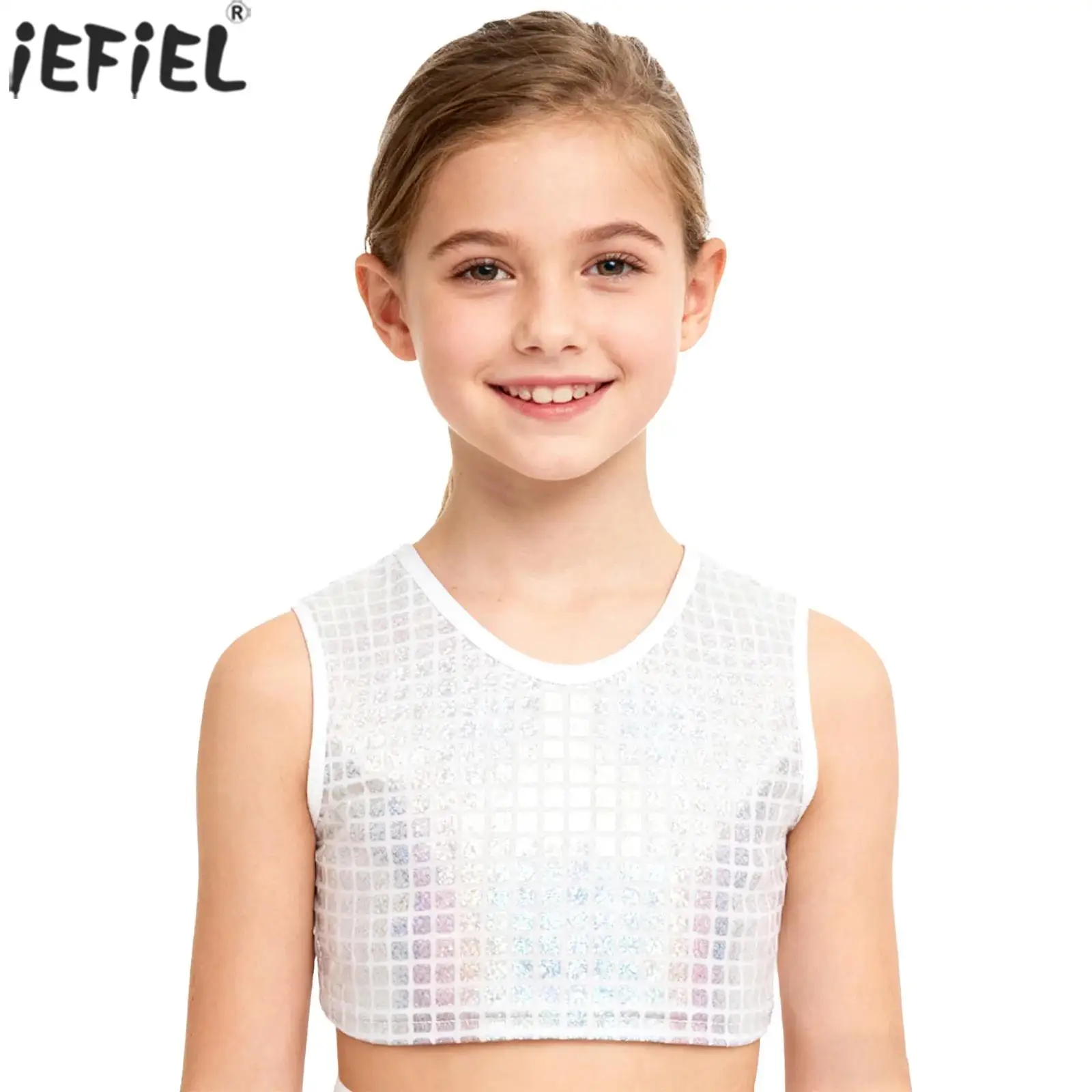 Kids Jazz Hip Hop Dance Tanks Tops Metallic Plaid Sleeveless Crop Top Vest School Show Choir Cheerleading Performance Costume