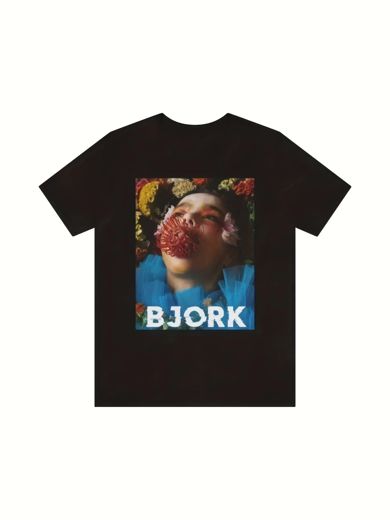 Men's Black Bjork Pattern T-shirt - Featuring Floral Design By Icelandic Singer, Suitable for Daily Wear and For Music Lovers