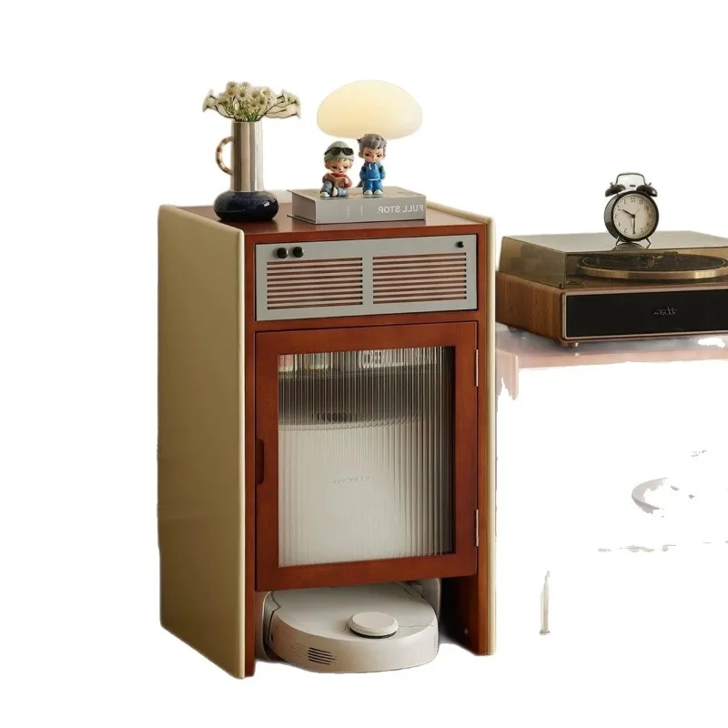 Retro Style Vacuum Robot Storage Cabinet for Home Use Solid Wood Housekeeping Storage Cabinet Side Table for Living Room Sofa