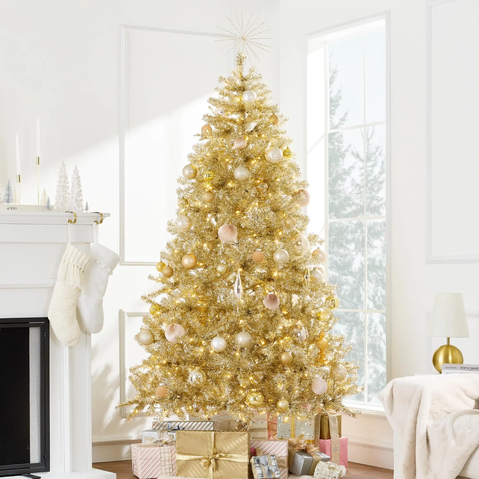 7.5ft Prelit Tinsel Christmas Tree w/Twinkling LED Lights, Artificial Seasonal Holiday Decoration w/ 550 Lights, 1,350